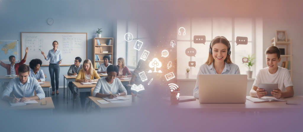 A split-scene illustration contrasting curriculum-based language learning and marketplace tutoring. In the foreground, on the left, a classroom filled with diverse students engaged in a structured lesson with a teacher at a whiteboard, showing a sense of collaboration and focus. On the right, a one-on-one online tutoring session, featuring a tutor and student interacting via a laptop, emphasizing flexibility and personalized attention. The middle ground connects both scenes, blending the structured environment with digital elements, like floating icons of digital tools or language apps. In the background, soft, natural lighting creates a warm and inviting atmosphere, while a subtle gradient reflects the contrast between traditional learning and modern, flexible approaches. The overall mood should inspire curiosity and a sense of choice in language learning paths. A split-scene illustration contrasting curriculum-based language learning and marketplace tutoring. In the foreground, on the left, a classroom filled with diverse students engaged in a structured lesson with a teacher at a whiteboard, showing a sense of collaboration and focus. On the right, a one-on-one online tutoring session, featuring a tutor and student interacting via a laptop, emphasizing flexibility and personalized attention. The middle ground connects both scenes, blending the structured environment with digital elements, like floating icons of digital tools or language apps. In the background, soft, natural lighting creates a warm and inviting atmosphere, while a subtle gradient reflects the contrast between traditional learning and modern, flexible approaches. The overall mood should inspire curiosity and a sense of choice in language learning paths.