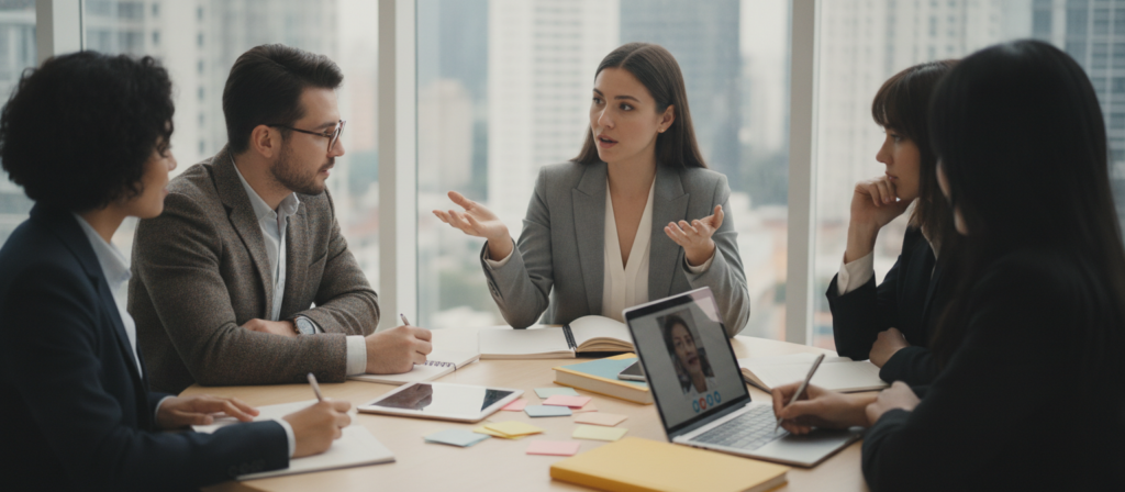 A vibrant scene depicting a group of diverse individuals engaged in a lively discussion about mastering fluent English. In the foreground, a professional-looking woman in business attire gestures, animatedly sharing her insights with the group. Nearby, a middle-aged man wearing glasses listens intently, jotting down notes on a notepad. The middle section of the image features a round table strewn with English language materials, such as books, flashcards, and a laptop. The background showcases a bright, modern office environment with large windows allowing natural daylight to flood the space, creating an optimistic and encouraging atmosphere. Soft shadows enhance the depth, while a slight lens blur suggests focus on the conversation. The overall mood is one of collaboration, enthusiasm, and the pursuit of language mastery, inviting viewers into the immersive experience of learning English confidently. A vibrant scene depicting a group of diverse individuals engaged in a lively discussion about mastering fluent English. In the foreground, a professional-looking woman in business attire gestures, animatedly sharing her insights with the group. Nearby, a middle-aged man wearing glasses listens intently, jotting down notes on a notepad. The middle section of the image features a round table strewn with English language materials, such as books, flashcards, and a laptop. The background showcases a bright, modern office environment with large windows allowing natural daylight to flood the space, creating an optimistic and encouraging atmosphere. Soft shadows enhance the depth, while a slight lens blur suggests focus on the conversation. The overall mood is one of collaboration, enthusiasm, and the pursuit of language mastery, inviting viewers into the immersive experience of learning English confidently.