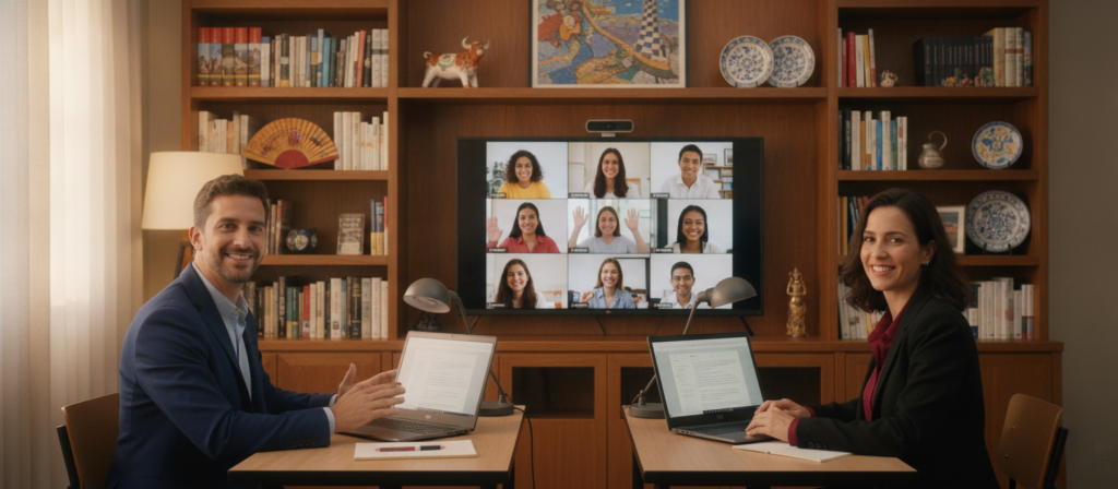 A virtual classroom setting featuring Spanish teachers from Spain conducting an online lesson. In the foreground, two instructors are engaged in teaching, one male and one female, both dressed in professional business attire, sitting at their desks with laptops open. The middle area shows a large computer screen displaying students' faces participating in the lesson, showing diversity among the learners. The background includes a cozy home office atmosphere with bookshelves filled with Spanish language books and decorative items related to Spanish culture. Soft, warm lighting creates an inviting atmosphere, and a slight depth of field adds focus to the teachers, conveying a sense of connection in the online learning environment. A virtual classroom setting featuring Spanish teachers from Spain conducting an online lesson. In the foreground, two instructors are engaged in teaching, one male and one female, both dressed in professional business attire, sitting at their desks with laptops open. The middle area shows a large computer screen displaying students' faces participating in the lesson, showing diversity among the learners. The background includes a cozy home office atmosphere with bookshelves filled with Spanish language books and decorative items related to Spanish culture. Soft, warm lighting creates an inviting atmosphere, and a slight depth of field adds focus to the teachers, conveying a sense of connection in the online learning environment.