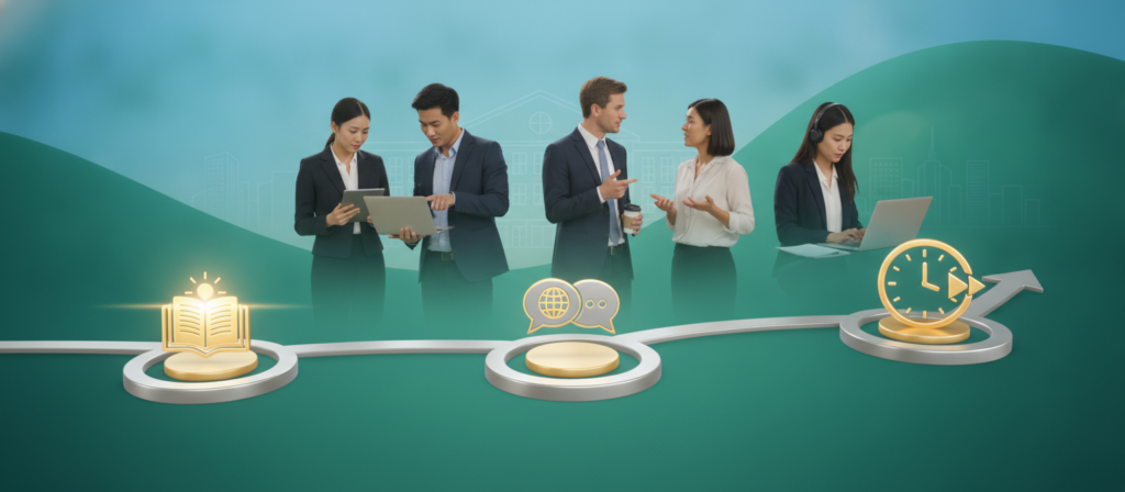 A visually engaging English fluency timeline illustrating the progression from beginner to intermediate levels. In the foreground, create a clear, upward arc representing milestones, featuring icons like books, chat bubbles, and clocks symbolizing learning stages. In the middle ground, depict diverse individuals of varying ethnicities, dressed in professional business attire, engaged in activities such as studying, conversing, and using technology—emphasizing collaboration and learning. The background features soft gradients of blue and green, symbolizing growth, with subtle outlines of a classroom and cityscape to evoke a scholarly atmosphere. The lighting is bright but warm, highlighting the subjects and creating an inviting mood that encourages growth and achievement. The overall composition should be clean and organized, with no text or distractions. A visually engaging English fluency timeline illustrating the progression from beginner to intermediate levels. In the foreground, create a clear, upward arc representing milestones, featuring icons like books, chat bubbles, and clocks symbolizing learning stages. In the middle ground, depict diverse individuals of varying ethnicities, dressed in professional business attire, engaged in activities such as studying, conversing, and using technology—emphasizing collaboration and learning. The background features soft gradients of blue and green, symbolizing growth, with subtle outlines of a classroom and cityscape to evoke a scholarly atmosphere. The lighting is bright but warm, highlighting the subjects and creating an inviting mood that encourages growth and achievement. The overall composition should be clean and organized, with no text or distractions.