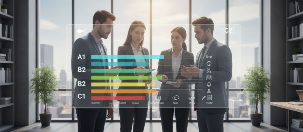 A visually engaging illustration representing the concept of determining English proficiency levels based on the CEFR framework. A visually engaging illustration representing the concept of determining English proficiency levels based on the CEFR framework. In the foreground, a professional and diverse group of individuals in business attire (two men and two women) collaborate over a chart depicting the CEFR levels: A1, A2, B1, B2, C1, and C2. In the middle, the chart is detailed, with clear visual indicators for each level using colors and icons, symbolizing different skills like speaking, reading, and writing. The background features a modern office setting with large windows letting in natural light, creating a bright and inspirational atmosphere. The overall mood conveys professionalism, study, and determination.