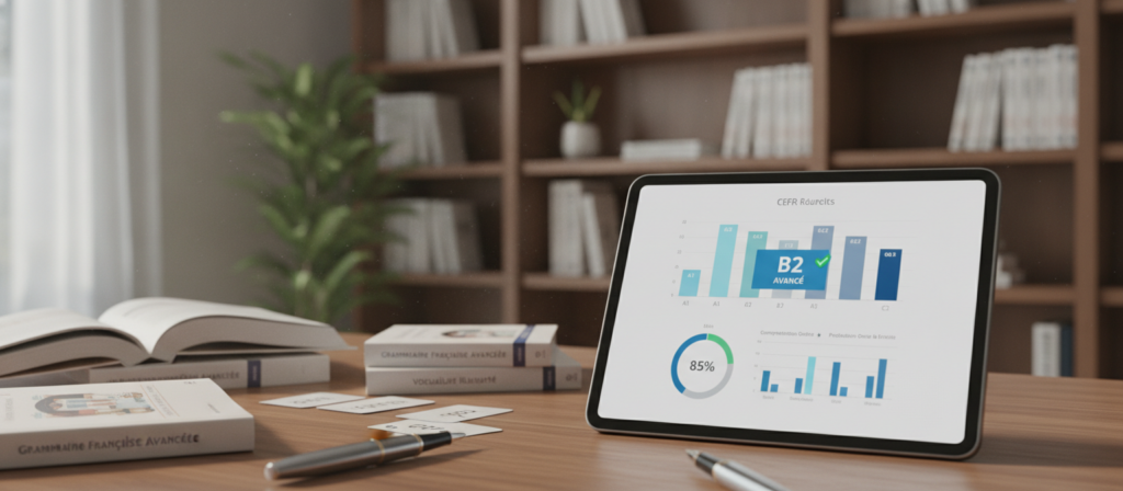 A visually engaging image of French language proficiency test results displayed in a clear, organized format. In the foreground, show a close-up of a sleek, modern tablet or laptop screen featuring colorful graphs, charts, and a visual representation of CEFR levels from A1 to C2. In the middle ground, include a soft-focus desk setting with French language study materials such as textbooks, flashcards, and a stylish pen. In the background, a well-lit room exudes a scholarly atmosphere with a bookshelf filled with French novels and a potted plant adding a touch of greenery. Soft, natural light illuminates the scene, creating a professional yet inviting mood, ideal for study and assessment. The image should be clear and detailed, without any text or overlays.