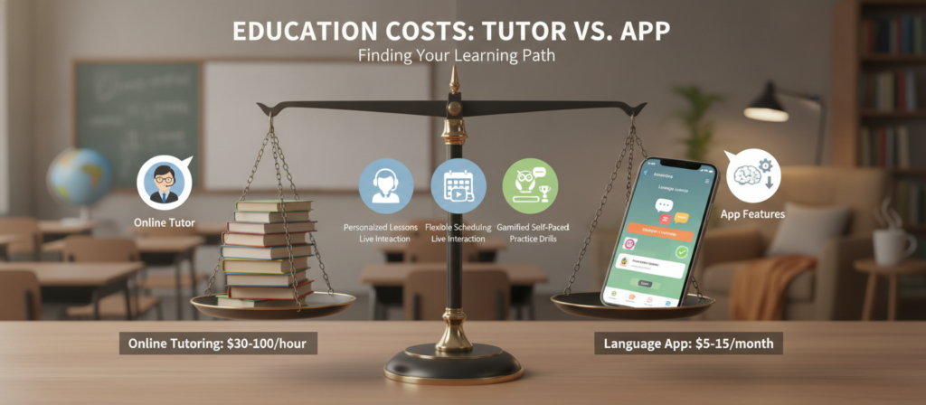 A visually engaging infographic-style image contrasting the cost of online tutoring with language app affordability. In the foreground, an elegant, sleek scale balances two elements: a stack of books and a smartphone displaying a language app, both reflecting the theme of education. The middle section features visually appealing icons representing both online tutors, dressed in business attire, and app features, like interactive lessons. The background showcases a blurred classroom environment on one side and a cozy study space on the other, enhancing the theme of learning. Soft, warm lighting illuminates the scene, with a focus on inviting and informative elements. The atmosphere is professional yet accessible, encouraging viewers to consider their learning options. A visually engaging infographic-style image contrasting the cost of online tutoring with language app affordability. In the foreground, an elegant, sleek scale balances two elements: a stack of books and a smartphone displaying a language app, both reflecting the theme of education. The middle section features visually appealing icons representing both online tutors, dressed in business attire, and app features, like interactive lessons. The background showcases a blurred classroom environment on one side and a cozy study space on the other, enhancing the theme of learning. Soft, warm lighting illuminates the scene, with a focus on inviting and informative elements. The atmosphere is professional yet accessible, encouraging viewers to consider their learning options.