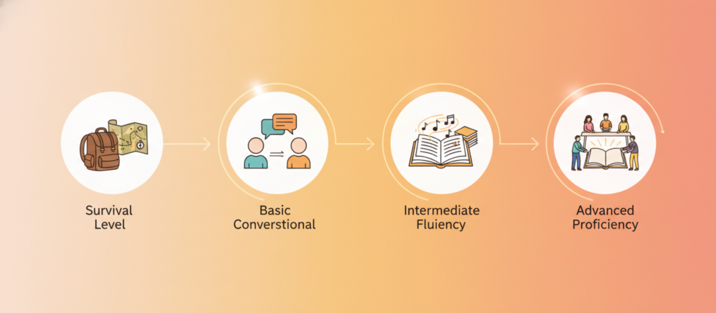 A visually engaging timeline illustrating the stages of Spanish language learning, set against a soft gradient background of warm colors to evoke a sense of growth and progress. In the foreground, distinct milestones should be represented through icons or illustrations: "Survival Level" with a backpack and map, "Basic Conversational" with people engaging in dialogue, "Intermediate Fluency" featuring notes and books, and "Advanced Proficiency" showing a group in a scholarly discussion. In the middle ground, subtle visual markers or arrows guide the viewer through the timeline visually. Lighting should be soft and bright, creating a welcoming atmosphere. The image should have a clean layout with no text or distractions, focusing solely on the journey of learning Spanish. A visually engaging timeline illustrating the stages of Spanish language learning, set against a soft gradient background of warm colors to evoke a sense of growth and progress. In the foreground, distinct milestones should be represented through icons or illustrations: "Survival Level" with a backpack and map, "Basic Conversational" with people engaging in dialogue, "Intermediate Fluency" featuring notes and books, and "Advanced Proficiency" showing a group in a scholarly discussion. In the middle ground, subtle visual markers or arrows guide the viewer through the timeline visually. Lighting should be soft and bright, creating a welcoming atmosphere. The image should have a clean layout with no text or distractions, focusing solely on the journey of learning Spanish.