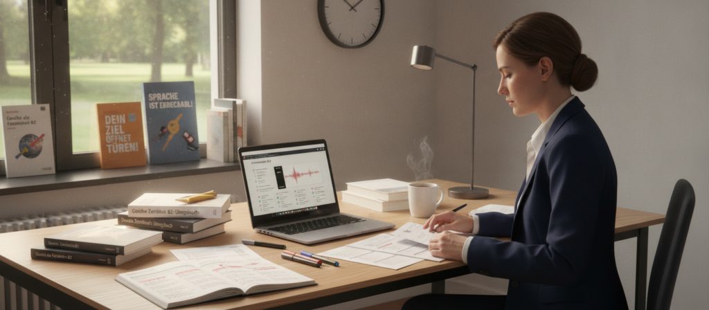 A well-organized study space featuring diverse materials for preparing for the Goethe B2 exam. In the foreground, a focused individual in professional attire is sitting at a modern desk, reviewing reading and listening practice papers. The middle section shows an open laptop displaying a listening exercise, along with textbooks and note-taking supplies scattered around. A wall clock indicates the time, emphasizing a structured study plan. In the background, a bright window lets in natural light, creating an inviting atmosphere. The room is decorated with motivational posters related to language learning. The overall mood is one of concentration and determination, with soft, warm lighting enhancing the study environment. A well-organized study space featuring diverse materials for preparing for the Goethe B2 exam. In the foreground, a focused individual in professional attire is sitting at a modern desk, reviewing reading and listening practice papers. The middle section shows an open laptop displaying a listening exercise, along with textbooks and note-taking supplies scattered around. A wall clock indicates the time, emphasizing a structured study plan. In the background, a bright window lets in natural light, creating an inviting atmosphere. The room is decorated with motivational posters related to language learning. The overall mood is one of concentration and determination, with soft, warm lighting enhancing the study environment.