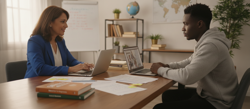 An online language tutor conducting a 1-on-1 lesson with a student, both seated at a well-lit desk with laptops open in front of them. The tutor, a middle-aged woman of Hispanic descent, wears professional business attire, while the student, a young man of Black descent, is dressed in comfortable casual clothing. The foreground features their focused expressions as they engage in conversation, surrounded by language books and notes. In the background, a cozy, modern home office filled with warm, inviting light streaming through a window, enhancing a productive learning atmosphere. The angle is slightly elevated to capture both faces clearly, emphasizing their engagement and connection. The overall mood is encouraging and focused, highlighting the interactive nature of private language lessons.
