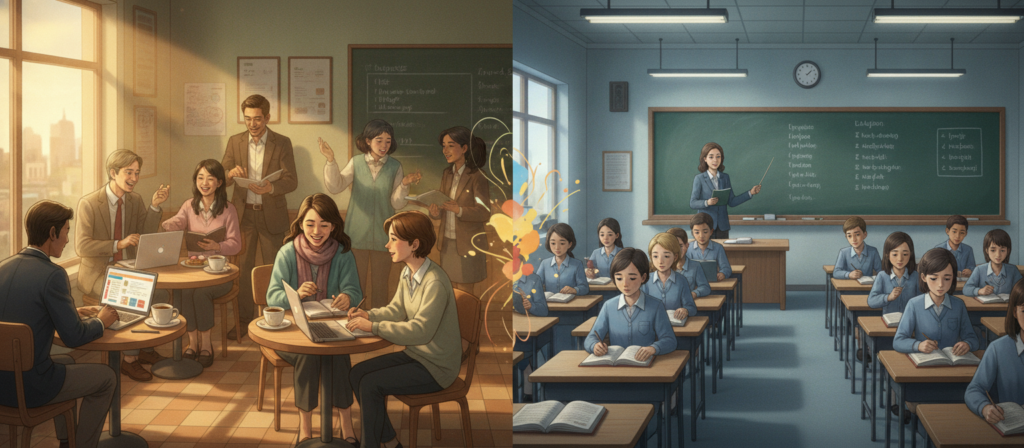 A vibrant, visually appealing split-scene illustration depicting the contrast between flexible language lessons and fixed classes. In the foreground, on the left, a dynamic and cozy café setting with diverse students of various ethnicities engaged in a friendly language exchange, using laptops and notebooks, dressed in professional business attire and modest casual clothing. On the right, a traditional classroom environment featuring a structured setting with a teacher at a blackboard and students sitting at desks, looking focused and attentive. In the middle ground, the division of the two sections is emphasized by a soft gradient that transitions from lively colors on the left to more subdued tones on the right. Bright, natural lighting fills the café, creating an inviting ambiance, while the classroom is illuminated by overhead fluorescent lights that give a more formal atmosphere. The overall mood captures the essence of modern language learning contrasts.